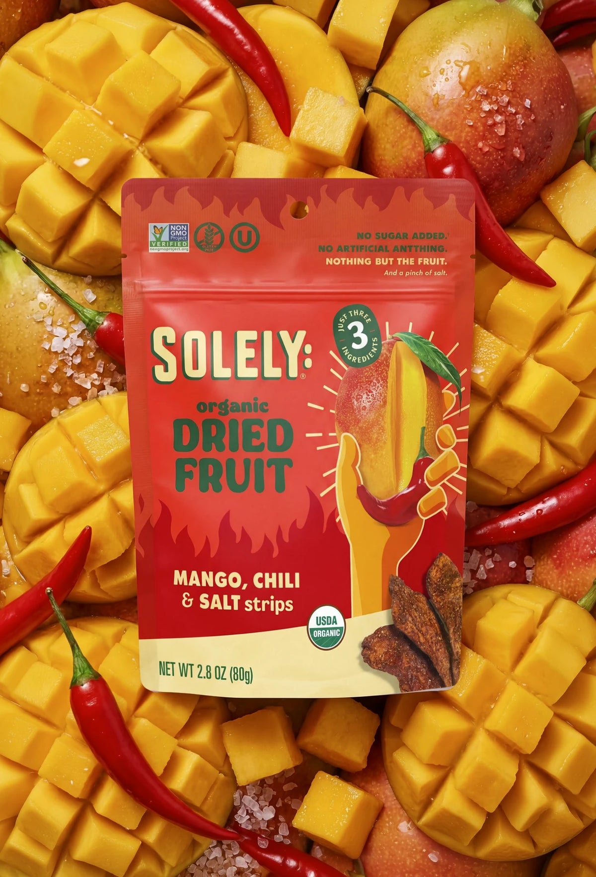 Solely Organic Mango Strips With Chili and Salt - Dried Fruit Strips product image, front package view, made with Mango, Chili, Salt. Healthy whole fruit snack.