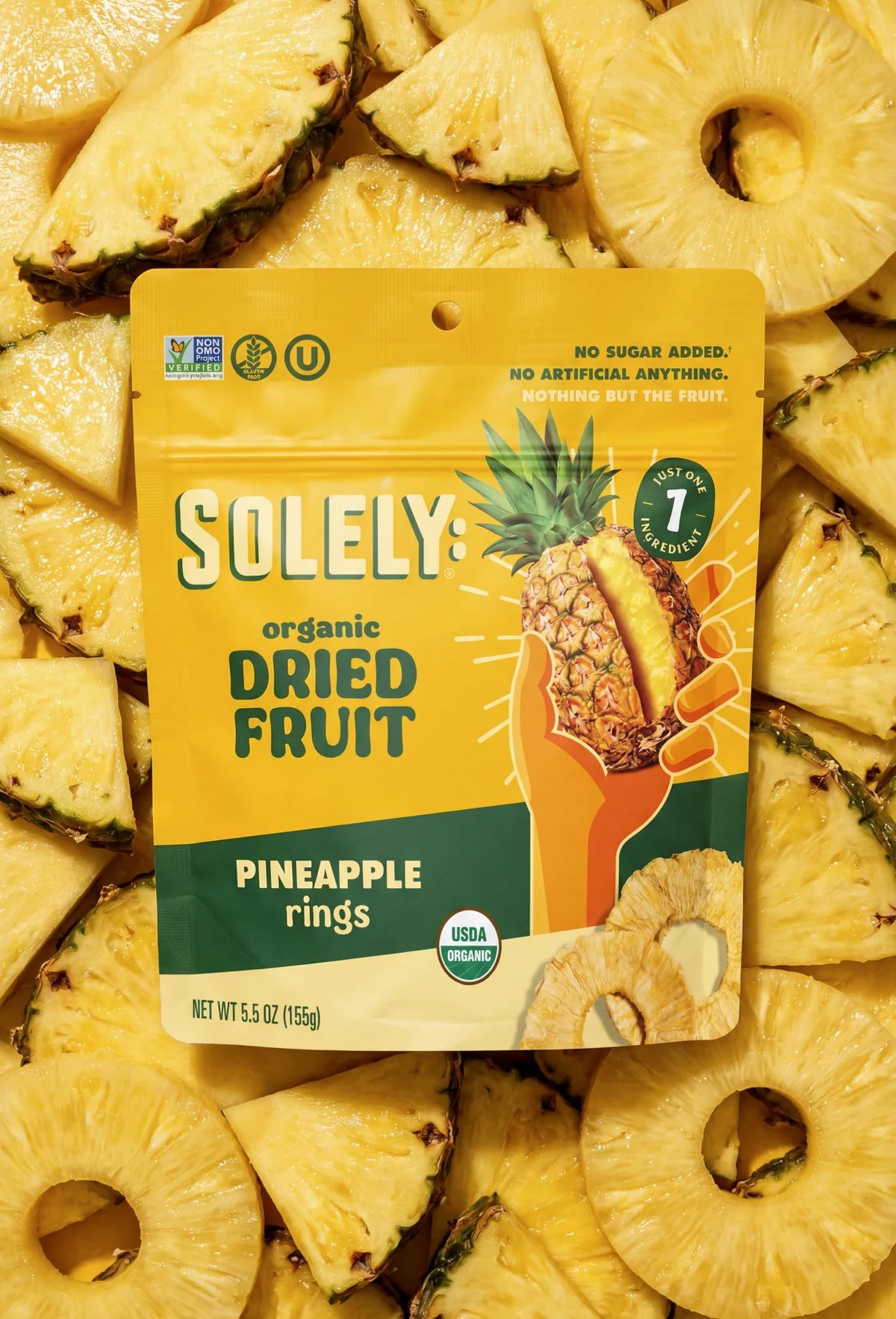Solely Organic Dried Pineapple Rings 5.5oz - Dried Fruit Rings product image, front package view, made with Pineapple, 5oz. Healthy whole fruit snack.