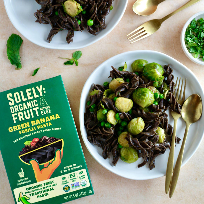 Banana Pasta with Brussels Sprouts, Sweet Peas & Miso Sauce