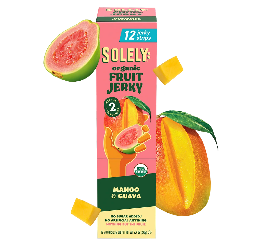 Solely Organic Mango Guava Fruit Jerky - Fruit Jerky product image, front package view, made with Mango, Guava. Healthy whole fruit snack.